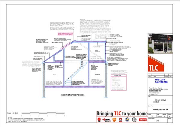 Building Regulations drawing for dormer loft conversion at Barnet, North London