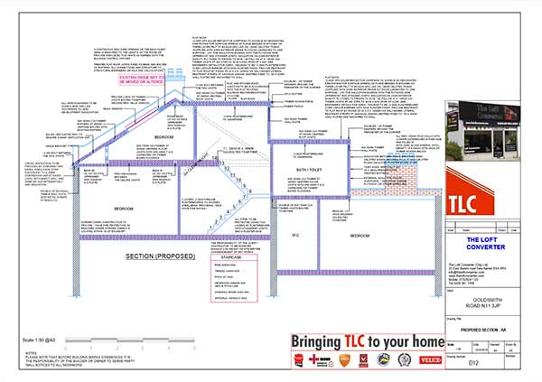 Building Regulations drawing for dormer loft conversion at Barnet, North London